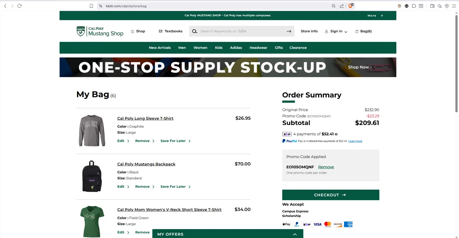 Cal Poly Mustangs checkout page showing Cal Poly Mustangs promo code box | Screenshot taken by SimplyCodes community member on Feb 4, 2026