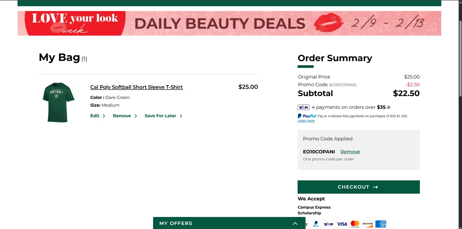 Cal Poly Mustangs promo code screenshot showing code EO10COPANI applied at Cal Poly Mustangs checkout page. Uploaded by SimplyCodes community member RebatePioneer1295 on Feb 11, 2026