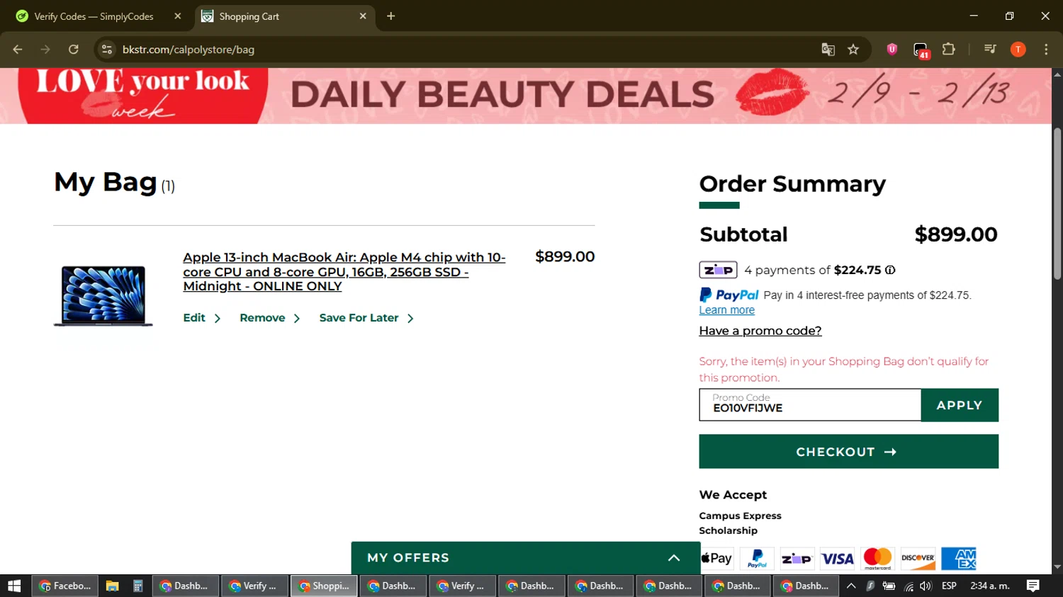 Cal Poly Mustangs checkout page showing Cal Poly Mustangs promo code box | Screenshot taken by SimplyCodes community member on Feb 11, 2026