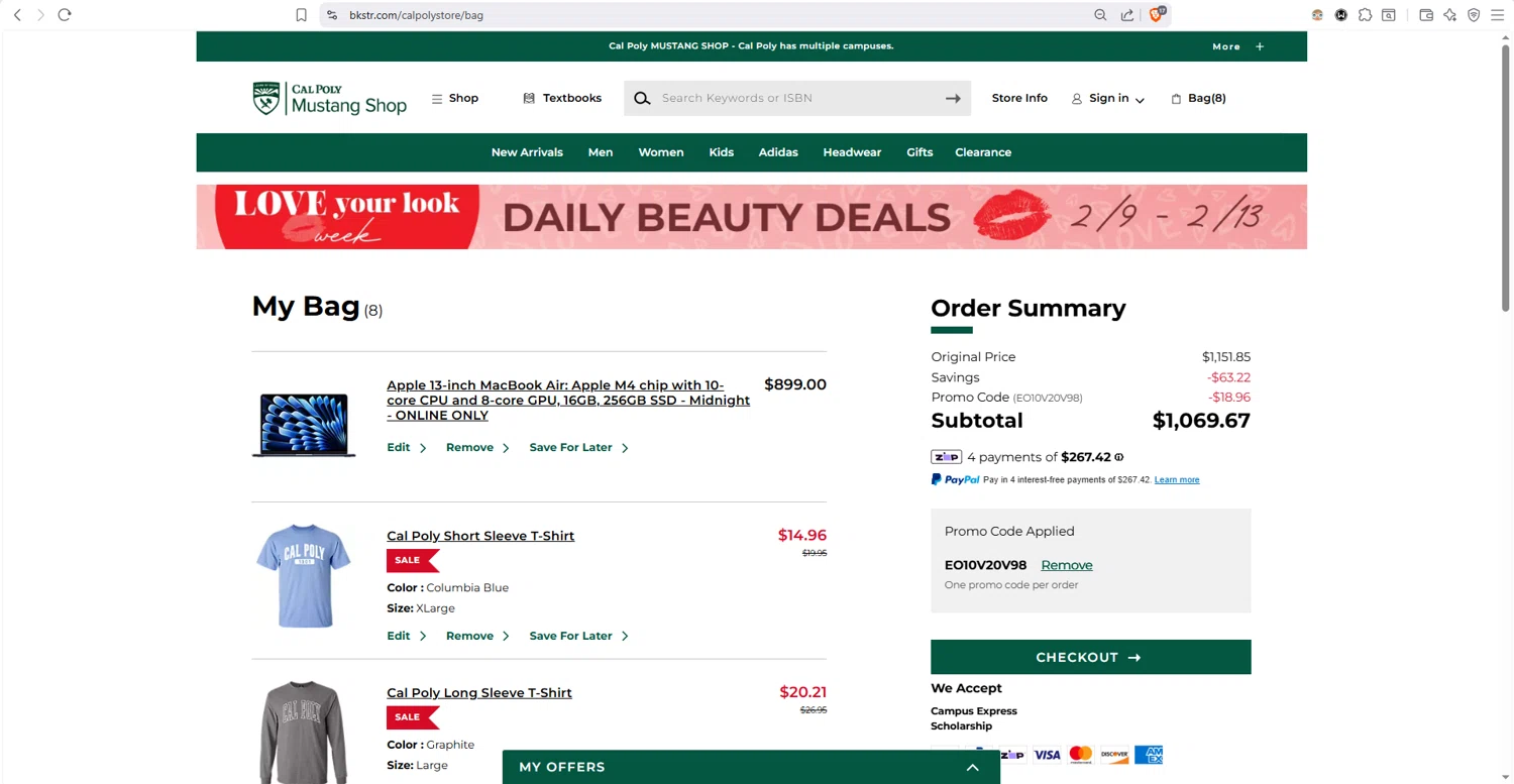 Cal Poly Mustangs checkout page showing Cal Poly Mustangs promo code box | Screenshot taken by SimplyCodes community member on Feb 12, 2026