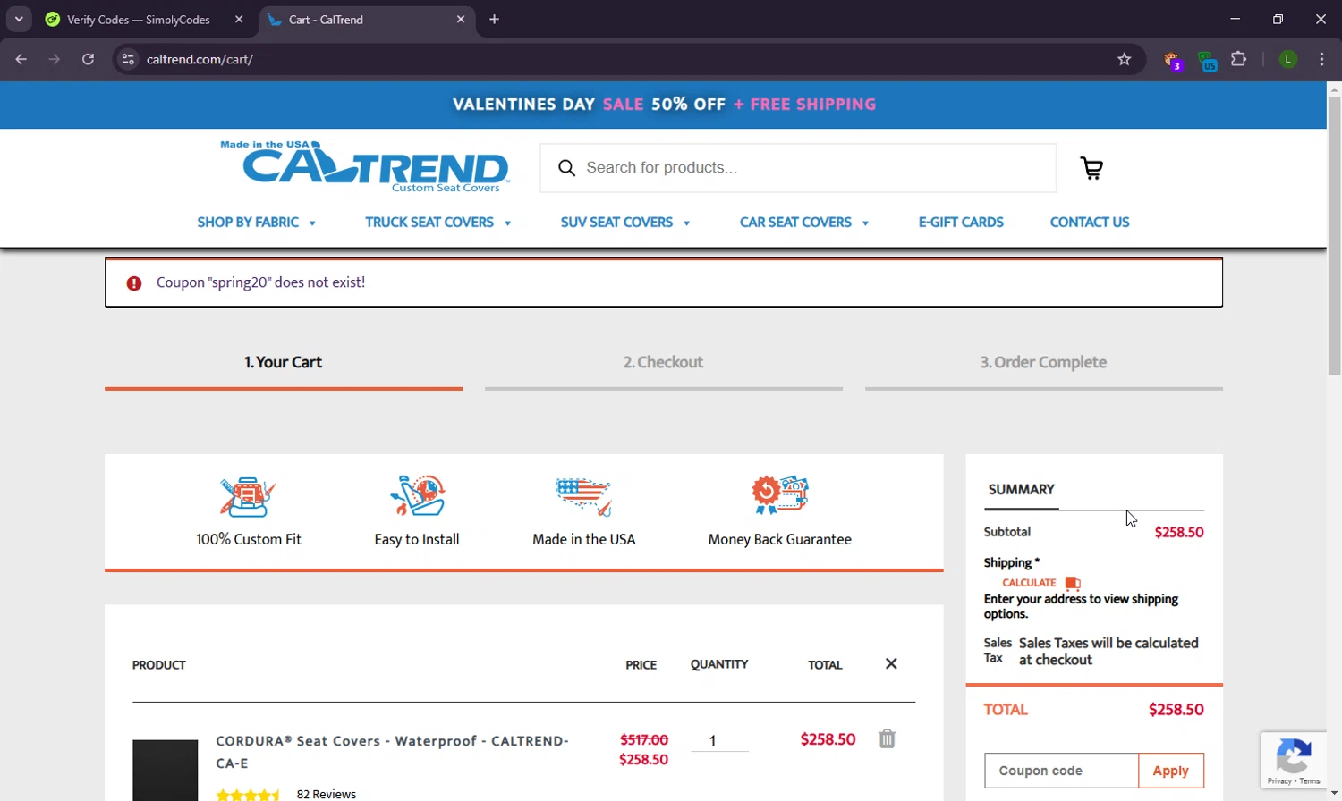 CalTrend coupon code screenshot showing code spring20 applied at CalTrend checkout page. Uploaded by SimplyCodes community member DiscountTracker247 on Feb 11, 2025