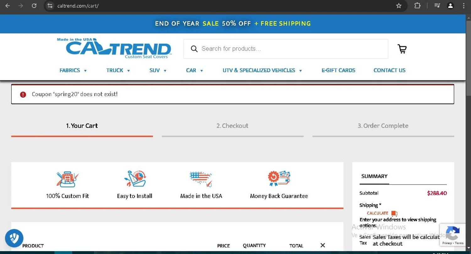 CalTrend coupon code screenshot showing code spring20 applied at CalTrend checkout page. Uploaded by SimplyCodes community member genarawlins on Dec 27, 2024