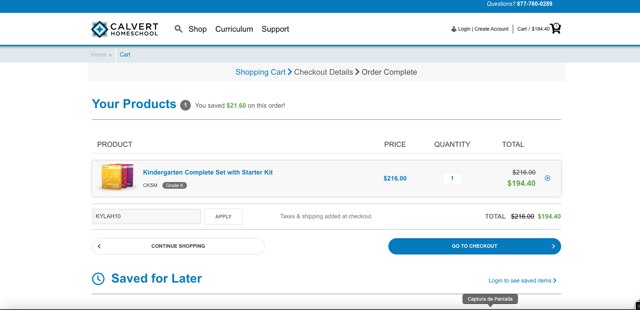 Calvert Homeschool checkout page showing Calvert Homeschool promo code box | Screenshot taken by SimplyCodes community member on May 21, 2025