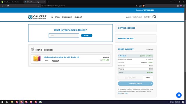 Calvert Homeschool checkout page showing Calvert Homeschool promo code box | Screenshot taken by SimplyCodes community member on Mar 2, 2025