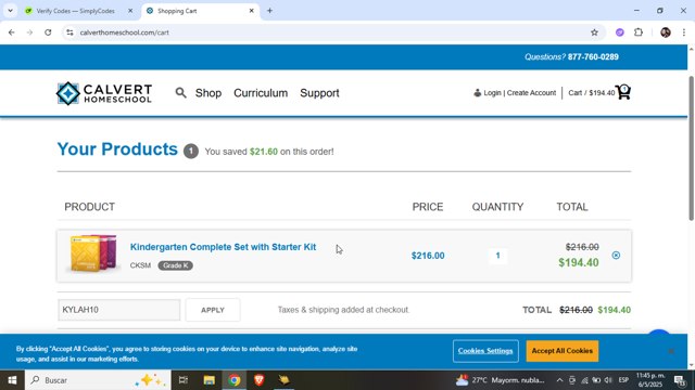 Calvert Homeschool checkout page showing Calvert Homeschool promo code box | Screenshot taken by SimplyCodes community member on May 7, 2025