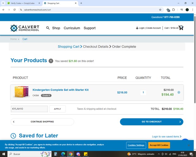 Calvert Homeschool checkout page showing Calvert Homeschool promo code box | Screenshot taken by SimplyCodes community member on May 21, 2025