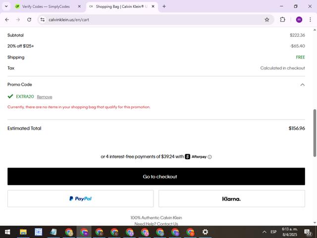 Calvin Klein US checkout page showing Calvin Klein US promo code box | Screenshot taken by SimplyCodes community member on Apr 8, 2025