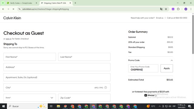 Calvin Klein US checkout page showing Calvin Klein US promo code box | Screenshot taken by SimplyCodes community member on Apr 24, 2025