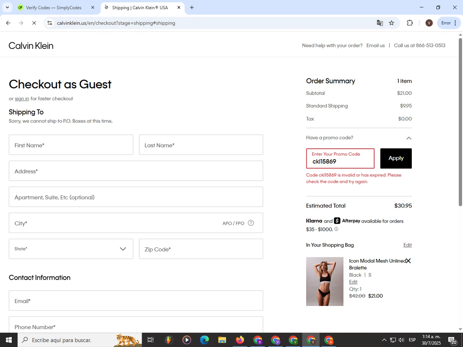 Calvin Klein US promo code screenshot showing code ckl15869 applied at Calvin Klein US checkout page. Uploaded by SimplyCodes community member CashLion3448 on Jul 30, 2025