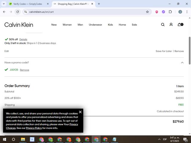 Calvin Klein US checkout page showing Calvin Klein US promo code box | Screenshot taken by SimplyCodes community member on Jul 4, 2025