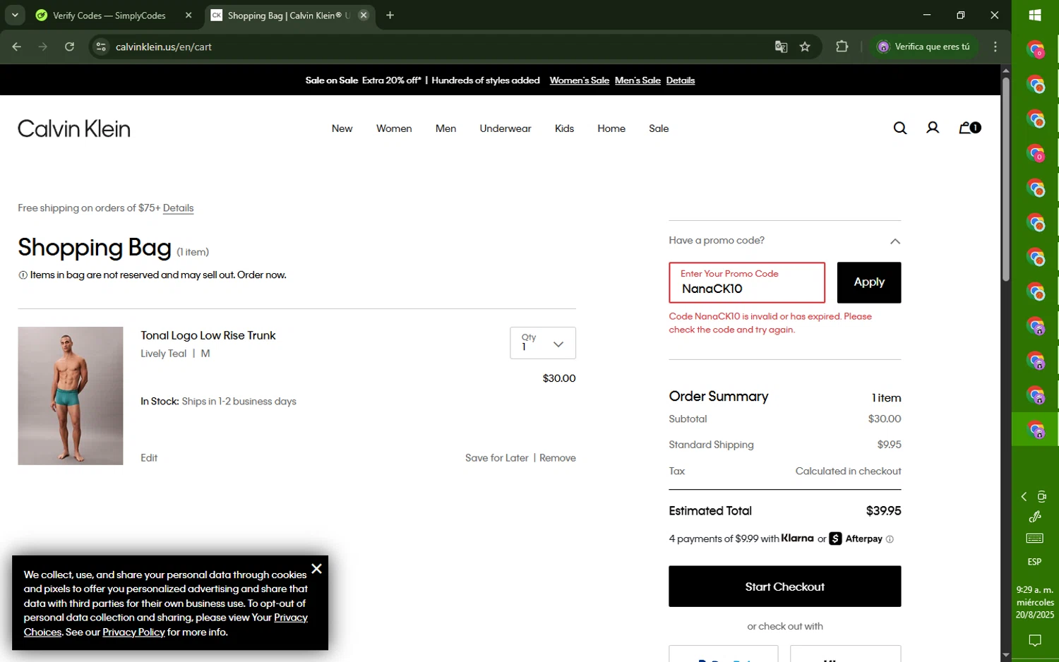 Calvin Klein US promo code screenshot showing code NanaCK10 applied at Calvin Klein US checkout page. Uploaded by SimplyCodes community member CoinRanger7926 on Aug 20, 2025