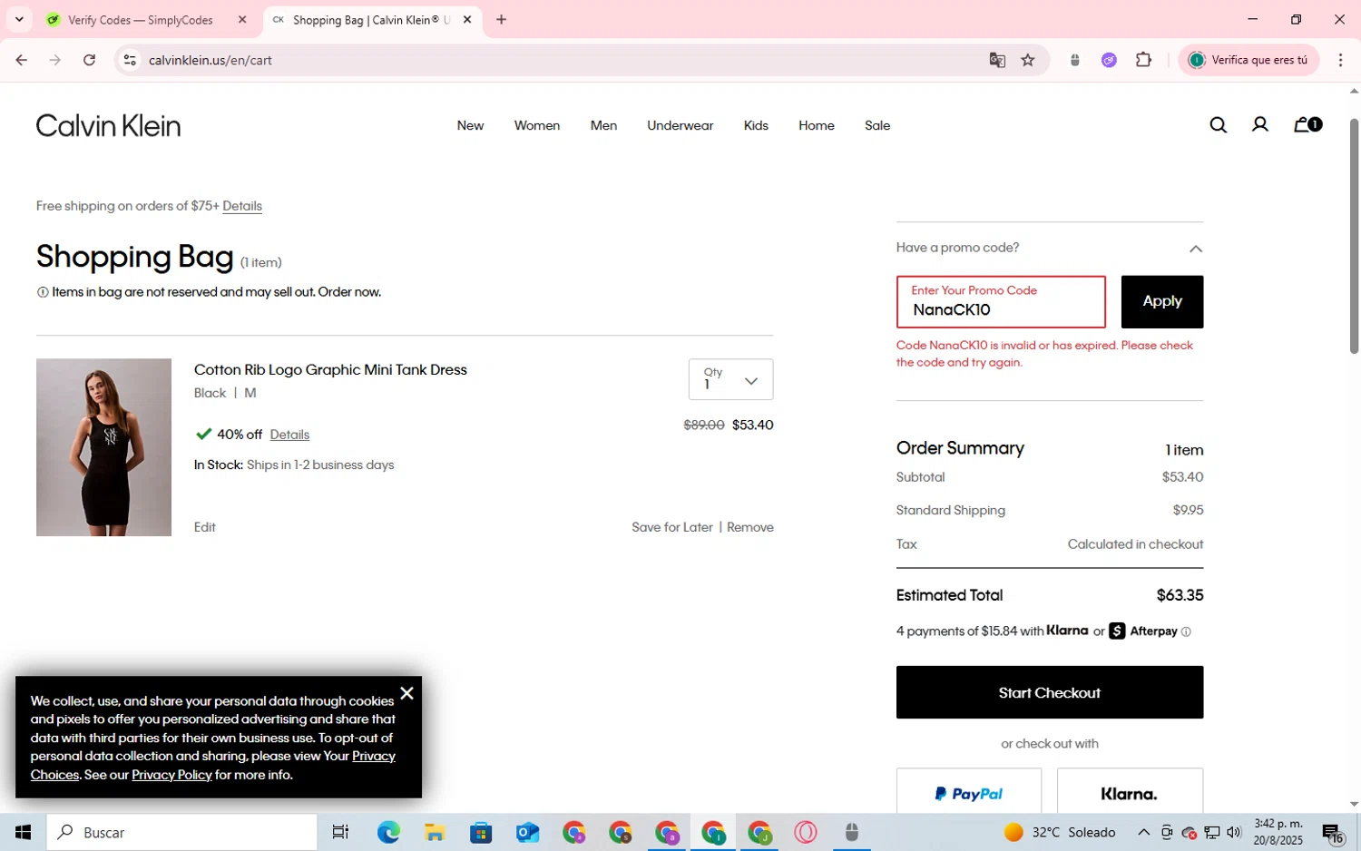 Calvin Klein US promo code screenshot showing code NanaCK10 applied at Calvin Klein US checkout page. Uploaded by SimplyCodes community member SmartShopper4328 on Aug 20, 2025
