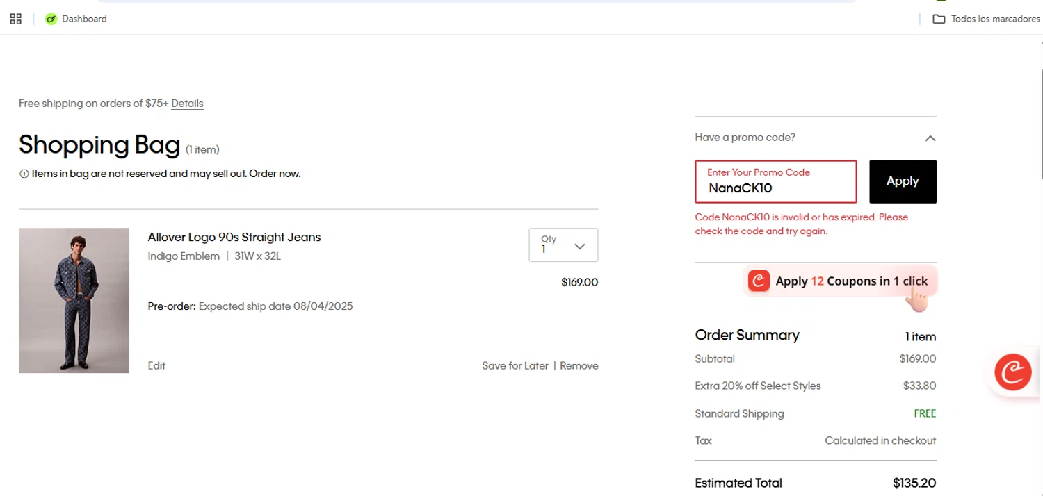 Calvin Klein US promo code screenshot showing code NanaCK10 applied at Calvin Klein US checkout page. Uploaded by SimplyCodes community member Speedy on Aug 20, 2025