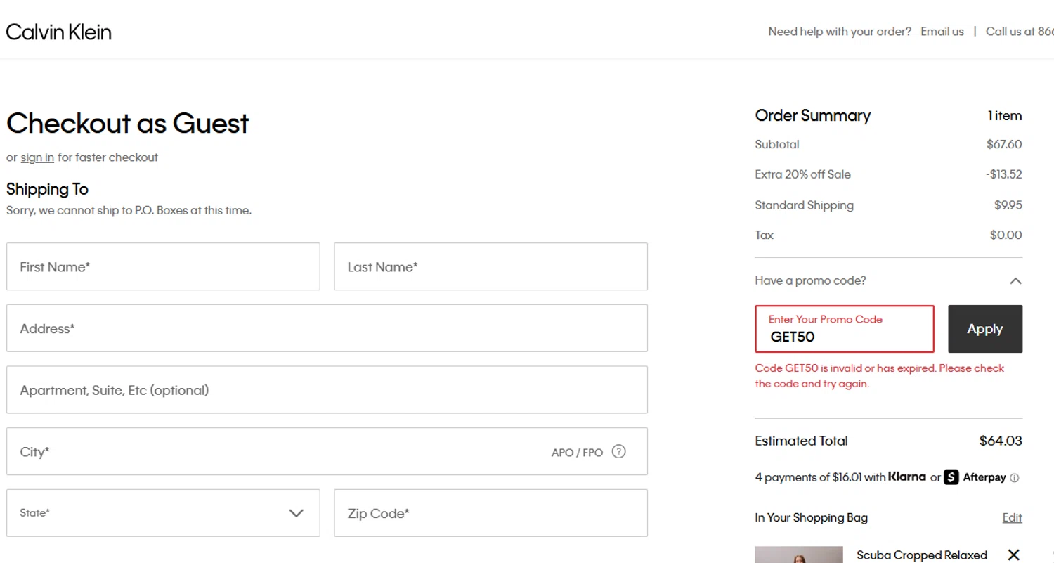 Calvin Klein US promo code screenshot showing code GET50 applied at Calvin Klein US checkout page. Uploaded by SimplyCodes community member Francisco on Aug 22, 2025