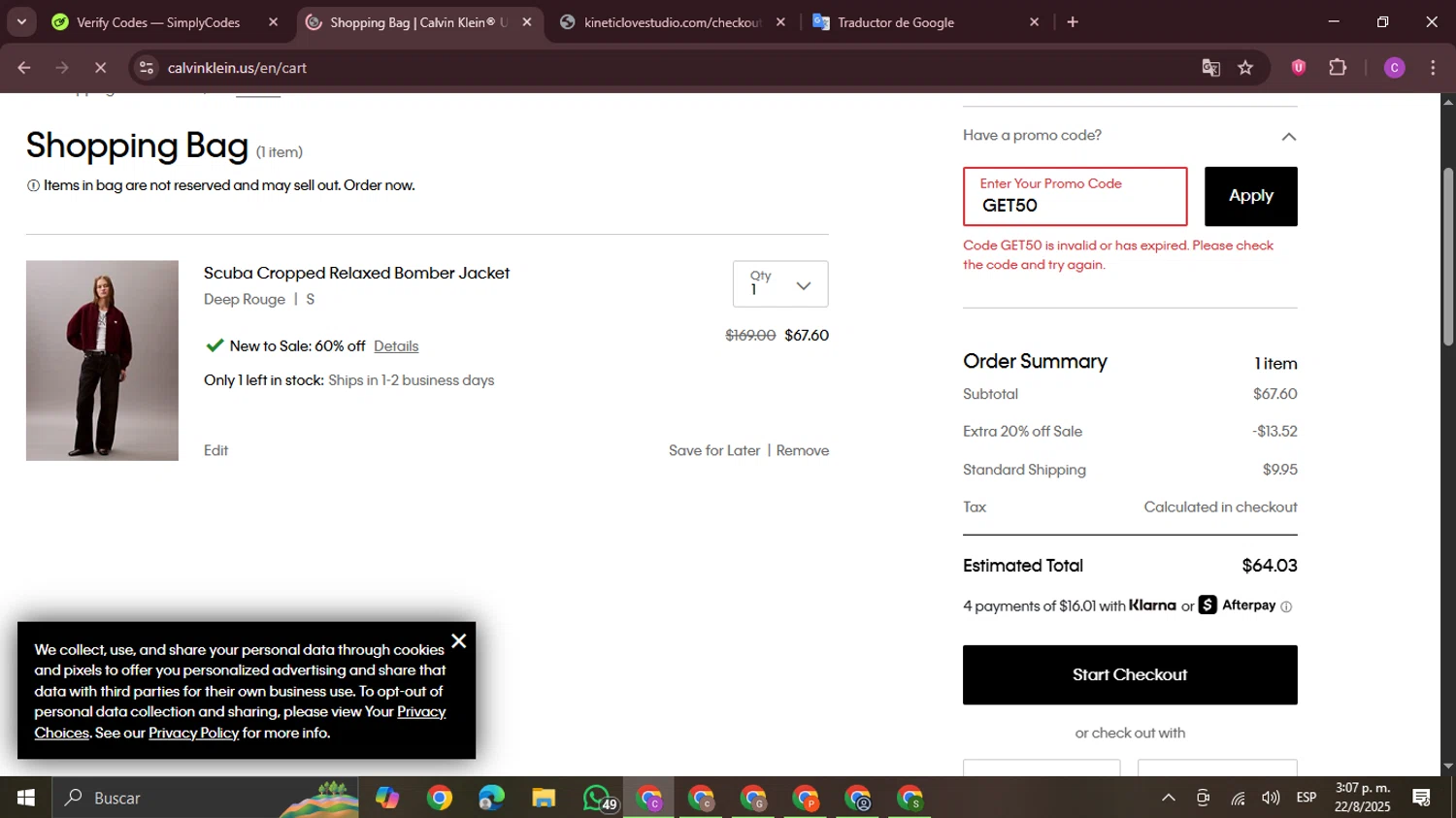 Calvin Klein US promo code screenshot showing code GET50 applied at Calvin Klein US checkout page. Uploaded by SimplyCodes community member FrugalPro5078 on Aug 22, 2025