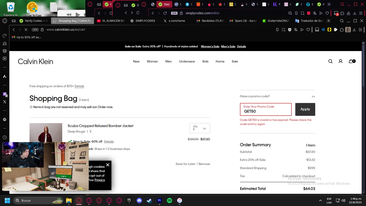 Calvin Klein US promo code screenshot showing code GET50 applied at Calvin Klein US checkout page. Uploaded by SimplyCodes community member kurcovein on Aug 22, 2025