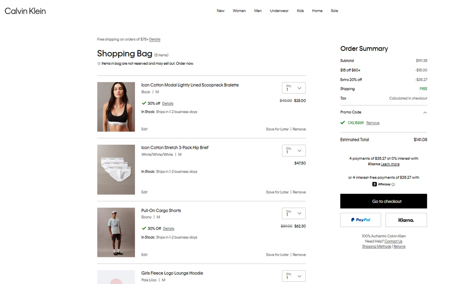 Calvin Klein US promo code screenshot showing code CKL15869 applied at Calvin Klein US checkout page. Uploaded by SimplyCodes community member Arsenelupin on May 14, 2025