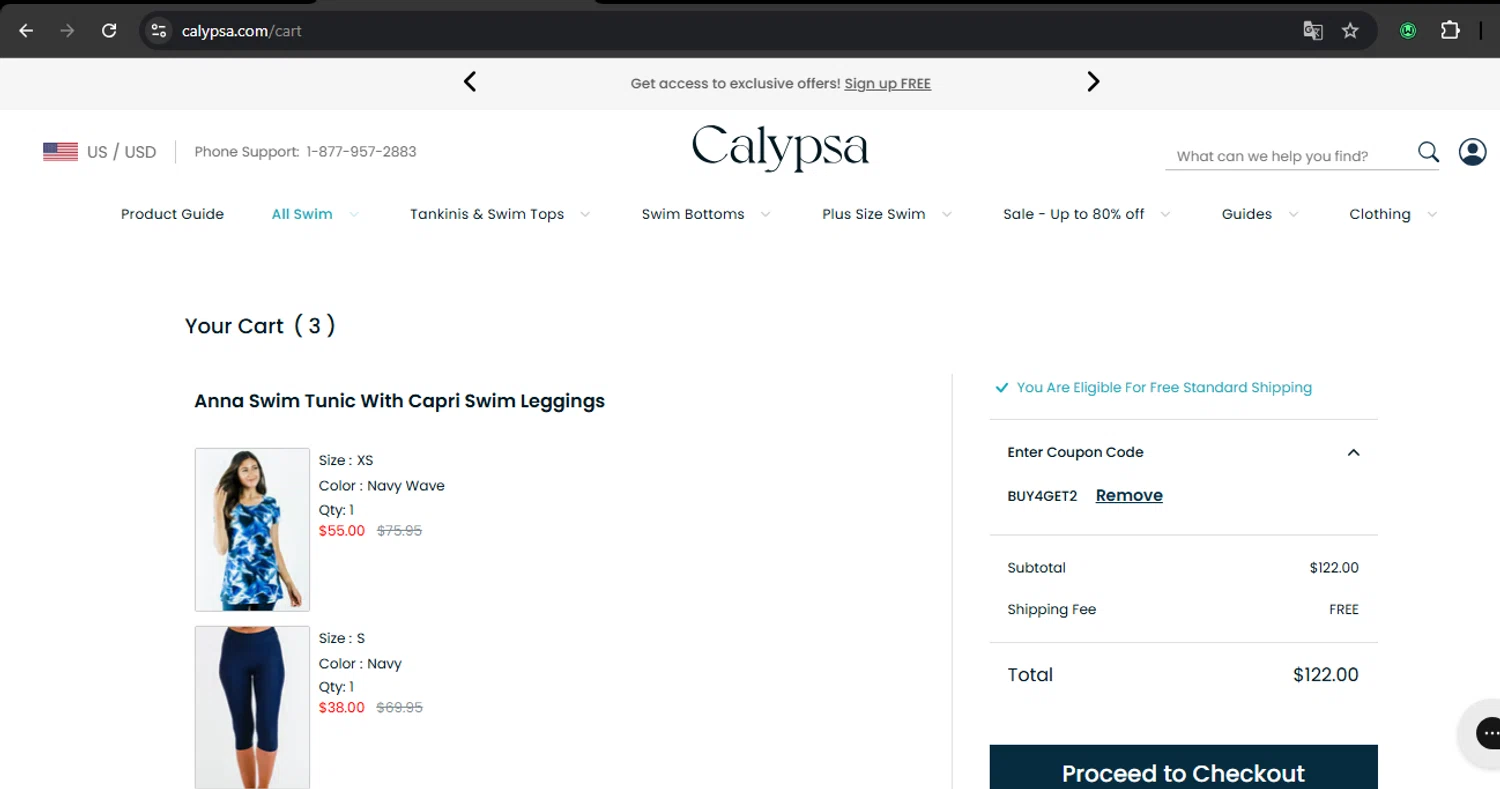 Calypsa promo code screenshot showing code BUY4GET2 applied at Calypsa checkout page. Uploaded by SimplyCodes community member RoyalSpotter5217 on Apr 23, 2025