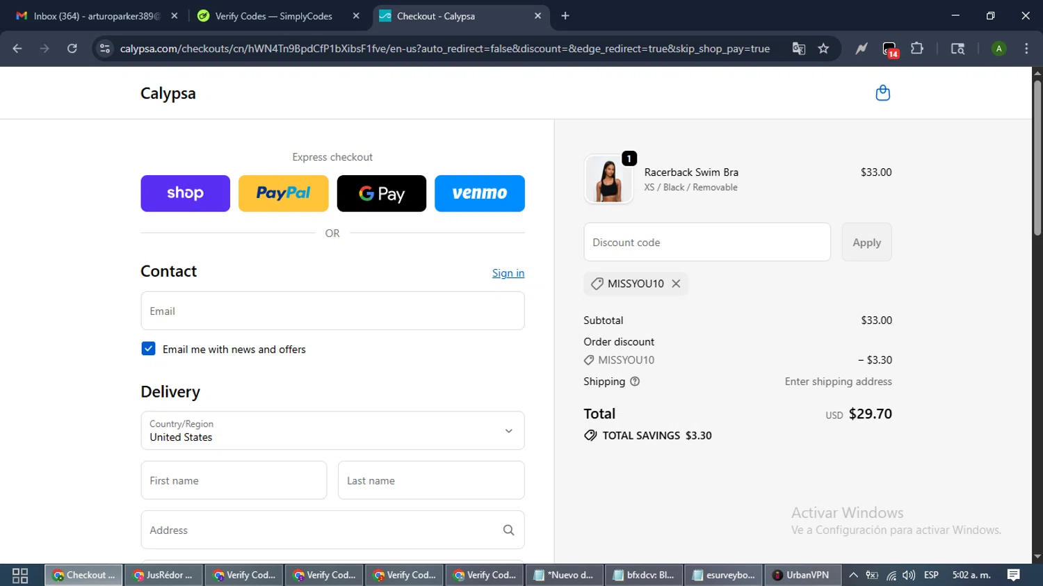 Calypsa promo code screenshot showing code missyou10 applied at Calypsa checkout page. Uploaded by SimplyCodes community member CashLynx5338 on Oct 24, 2025