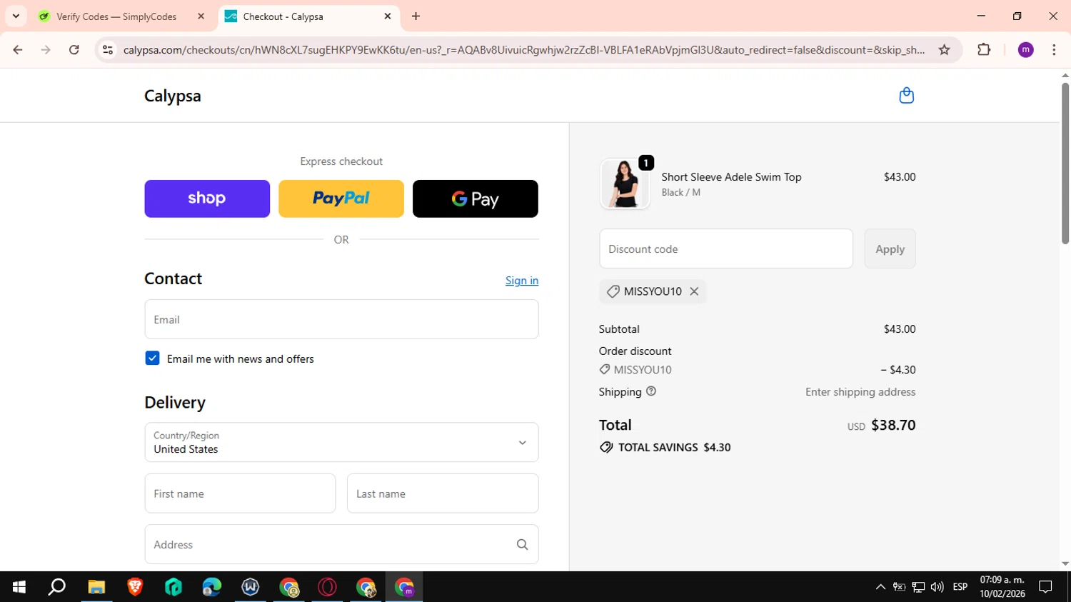 Calypsa checkout page showing Calypsa promo code box | Screenshot taken by SimplyCodes community member on Feb 10, 2026