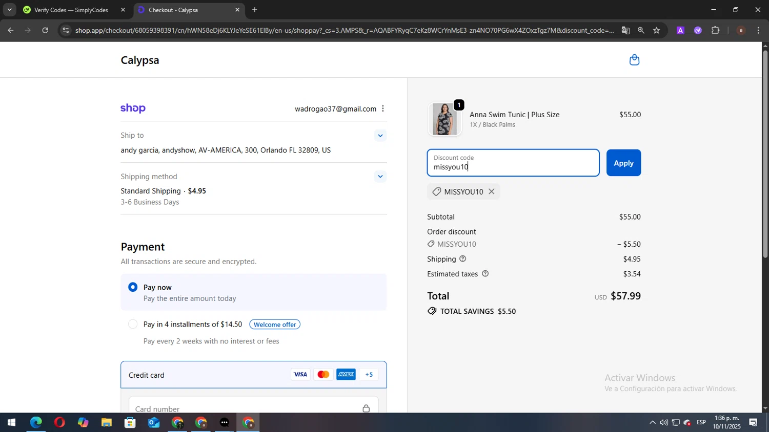 Calypsa promo code screenshot showing code missyou10 applied at Calypsa checkout page. Uploaded by SimplyCodes community member elbicho22 on Nov 10, 2025