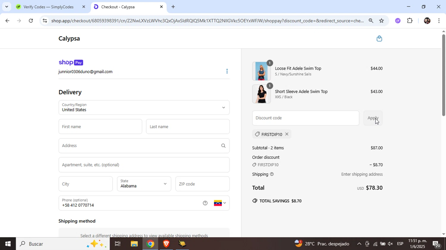 Calypsa promo code screenshot showing code FIRSTDIP10 applied at Calypsa checkout page. Uploaded by SimplyCodes community member Junniorduno on Jun 2, 2025