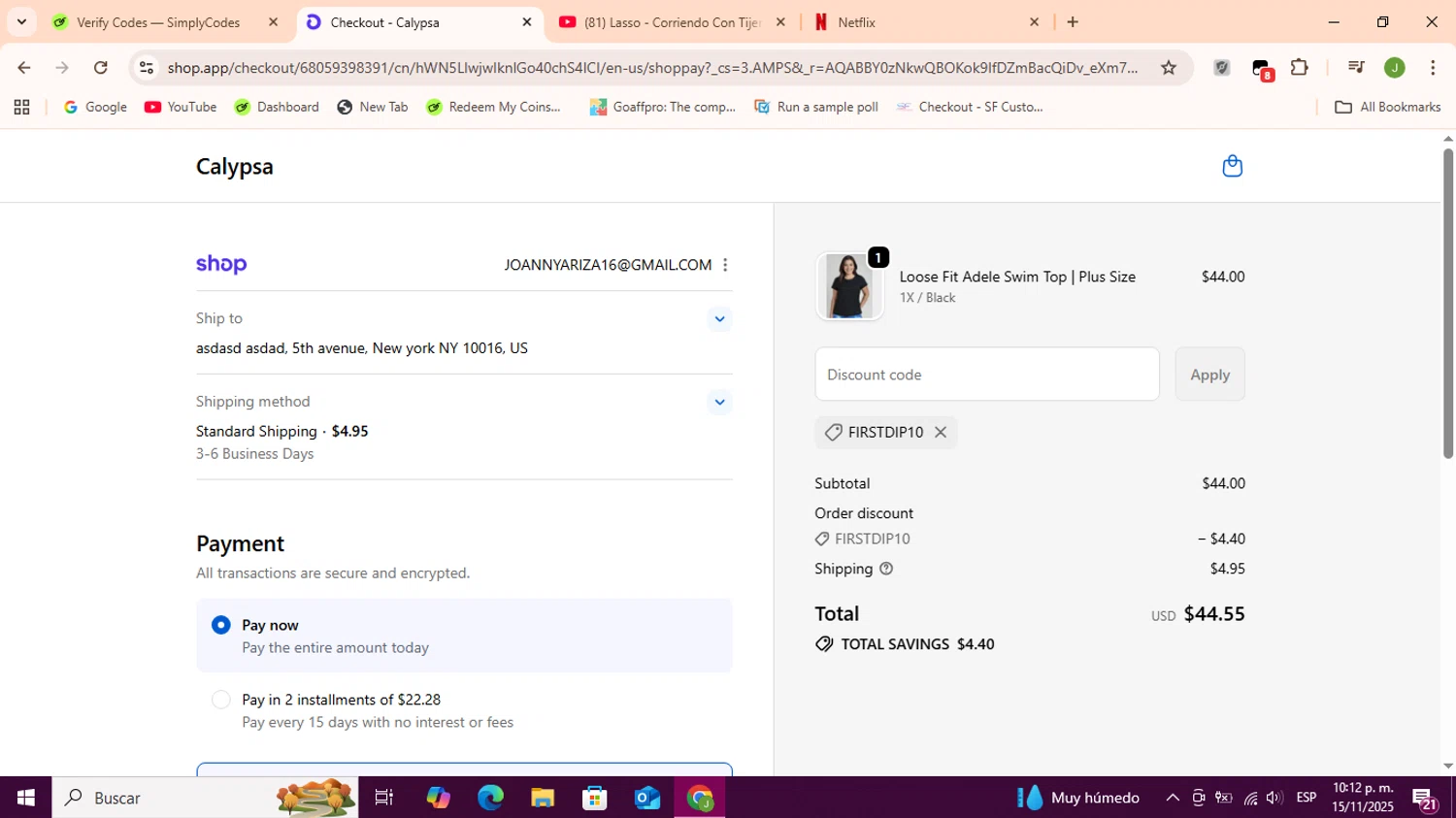 Calypsa promo code screenshot showing code FIRSTDIP10 applied at Calypsa checkout page. Uploaded by SimplyCodes community member Sukuna_ on Nov 16, 2025