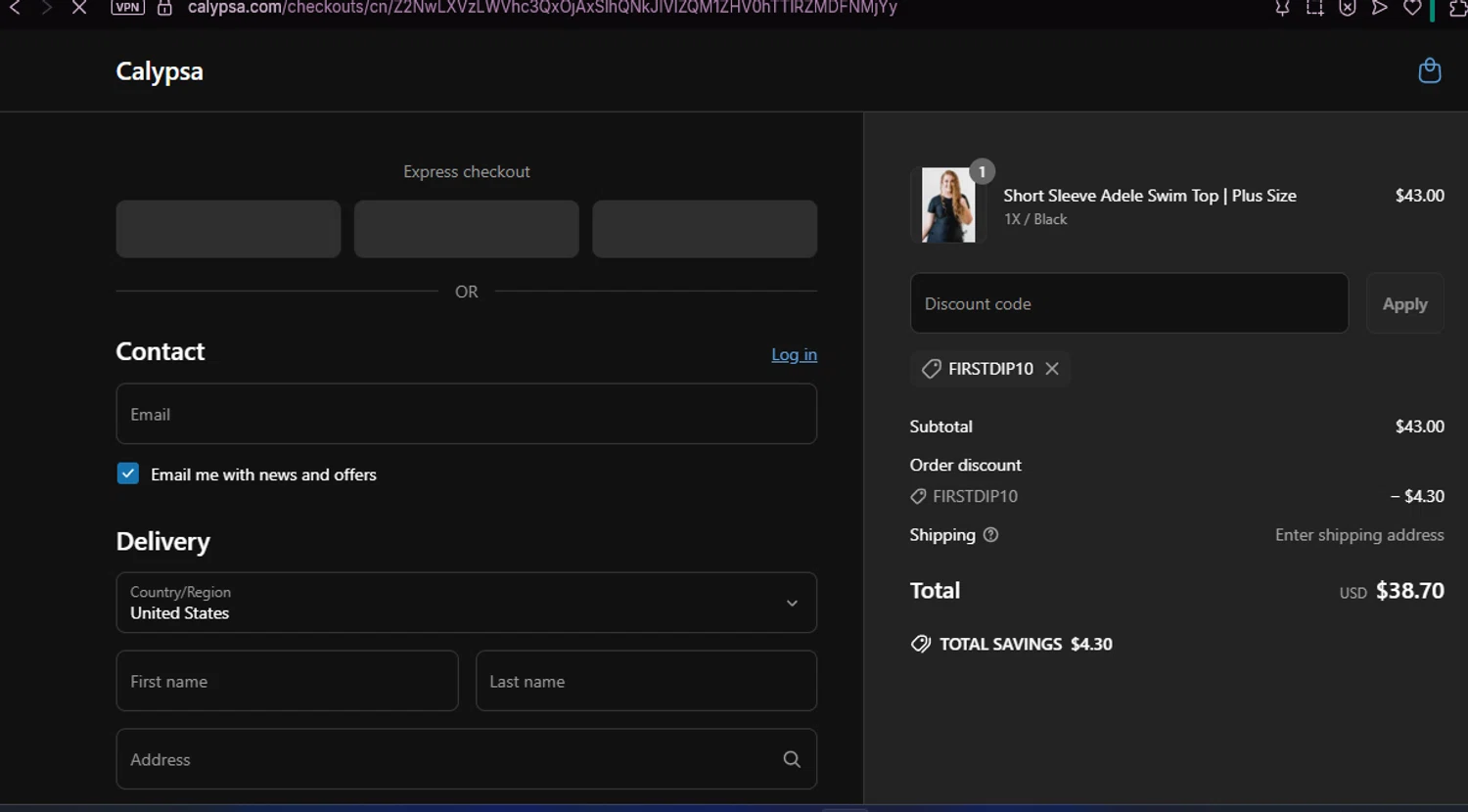 Calypsa promo code screenshot showing code FIRSTDIP10 applied at Calypsa checkout page. Uploaded by SimplyCodes community member chepipi on Jun 14, 2025