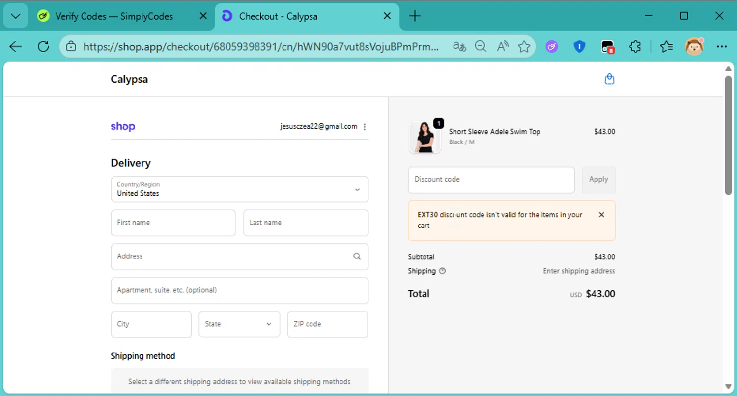 Calypsa checkout page showing Calypsa promo code box | Screenshot taken by SimplyCodes community member on Feb 20, 2026