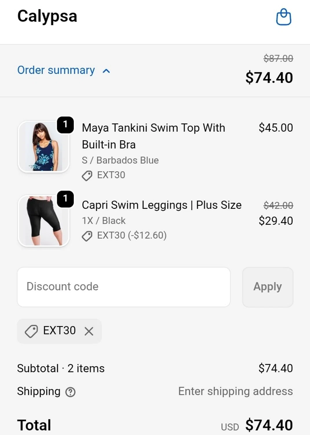 Calypsa promo code screenshot showing code EXT30 applied at Calypsa checkout page. Uploaded by SimplyCodes community member ValiantCurator3344 on Feb 20, 2026