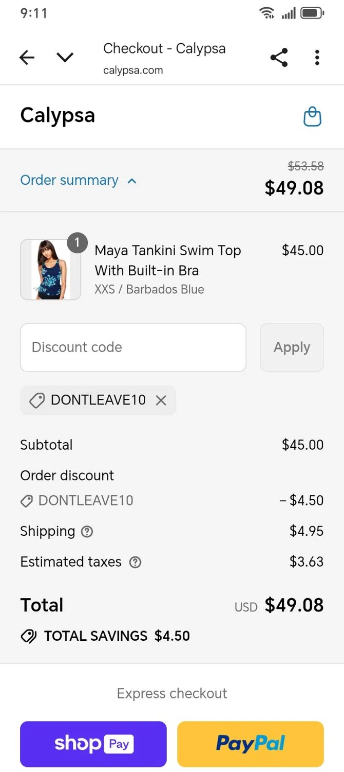 Calypsa promo code screenshot showing code DONTLEAVE10 applied at Calypsa checkout page. Uploaded by SimplyCodes community member franksanchez on Aug 3, 2025