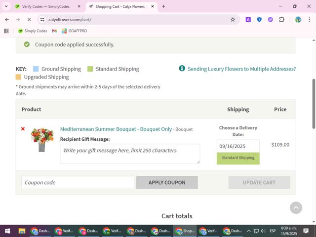 Calyx Flowers checkout page showing Calyx Flowers promo code box | Screenshot taken by SimplyCodes community member on Sep 15, 2025