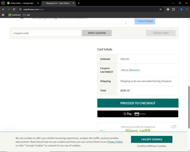Calyx Flowers checkout page showing Calyx Flowers promo code box | Screenshot taken by SimplyCodes community member on Sep 7, 2025