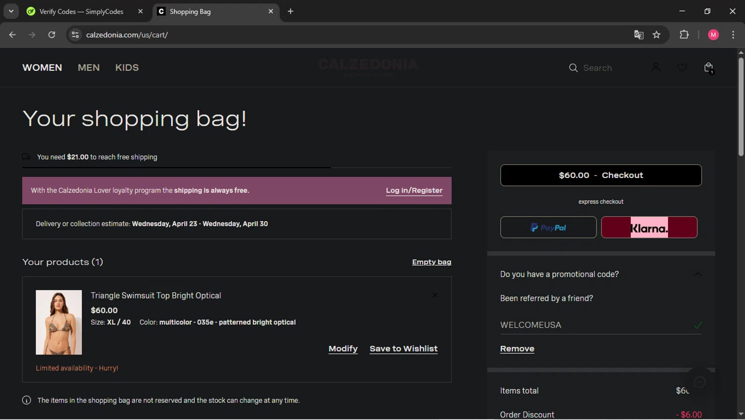 Calzedonia promo code screenshot showing code WELCOMEUSA applied at Calzedonia checkout page. Uploaded by SimplyCodes community member CBR600 on Apr 22, 2025