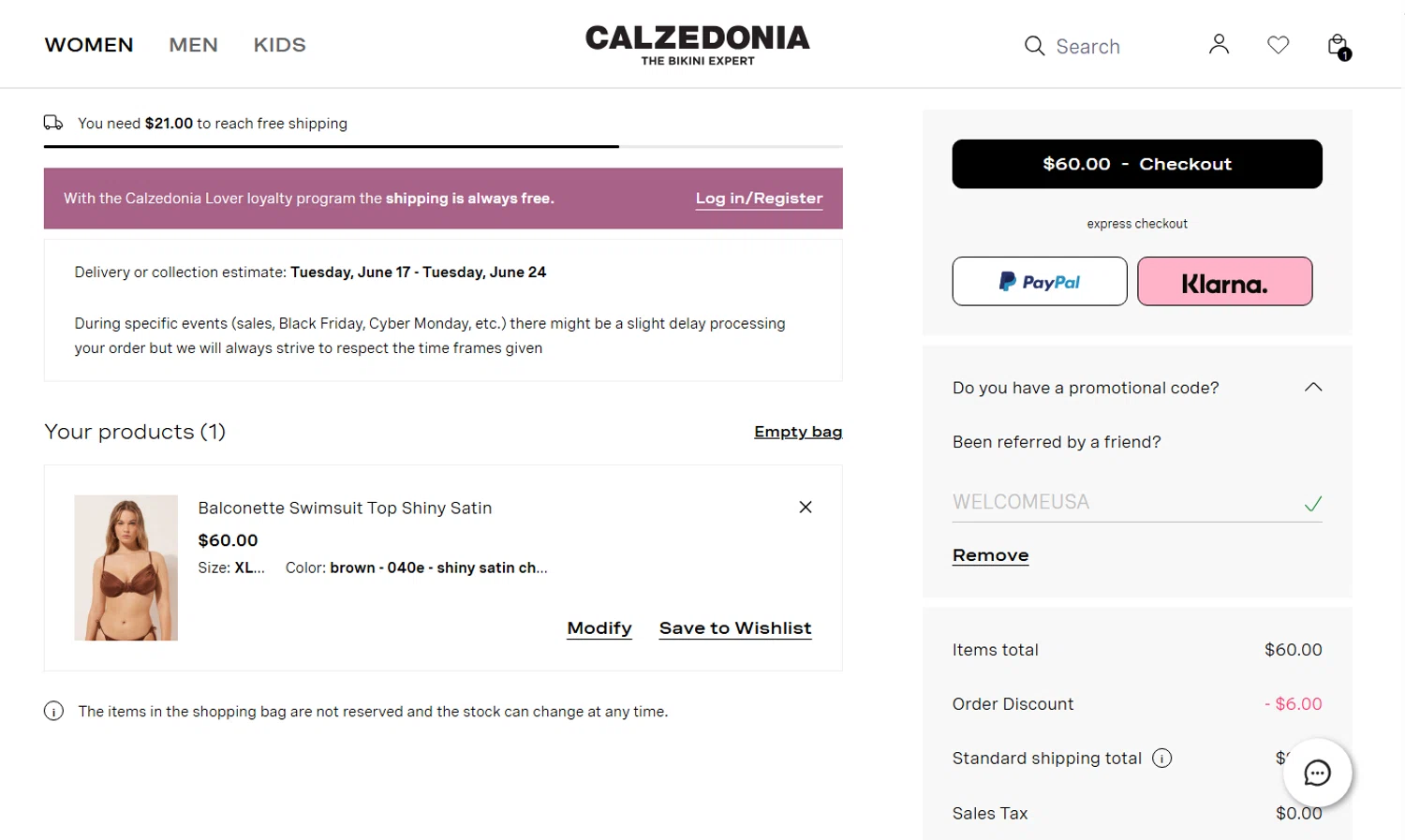 Calzedonia promo code screenshot showing code WELCOMEUSA applied at Calzedonia checkout page. Uploaded by SimplyCodes community member perrasimplera on Jun 16, 2025