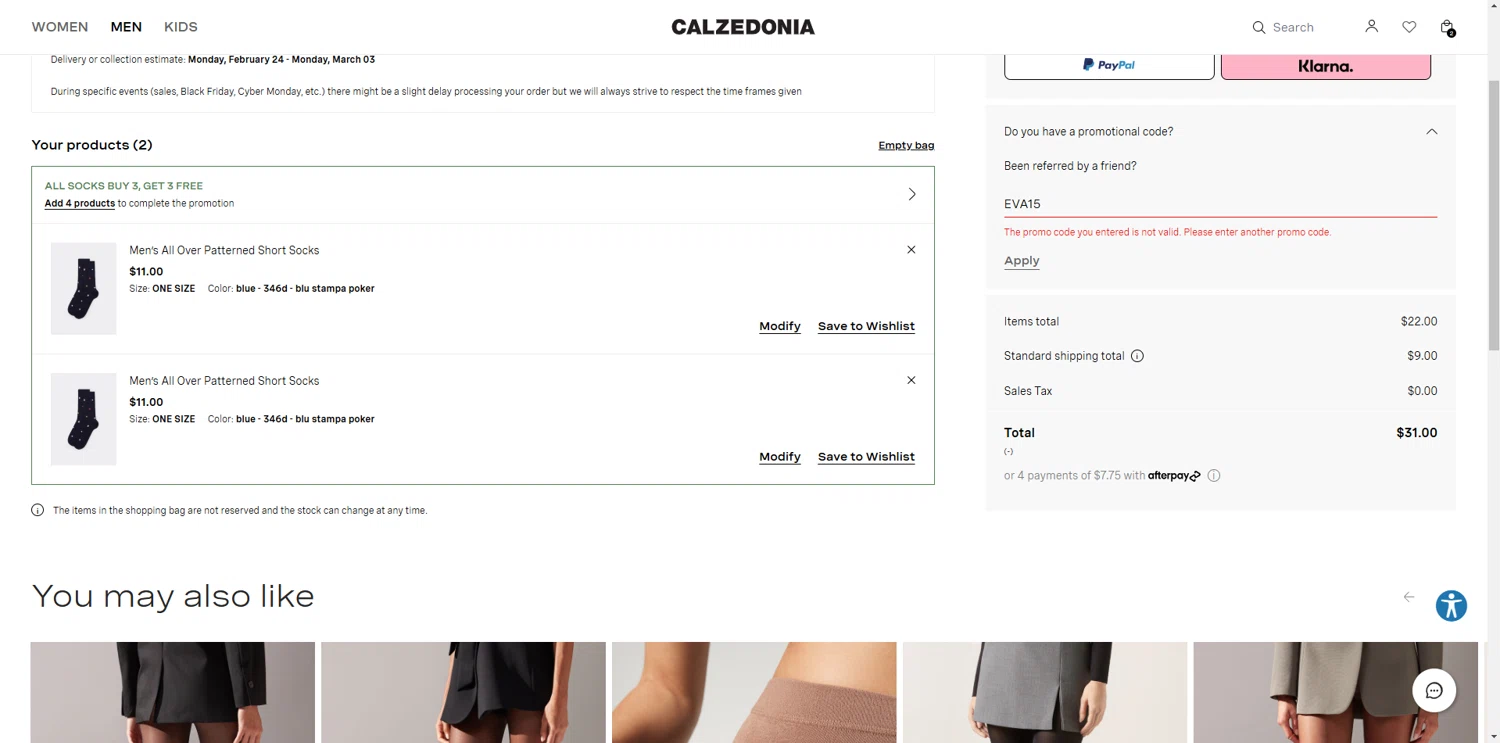 Calzedonia promo code screenshot showing code EVA15 applied at Calzedonia checkout page. Uploaded by SimplyCodes community member CouponFalcon9871 on Feb 22, 2025