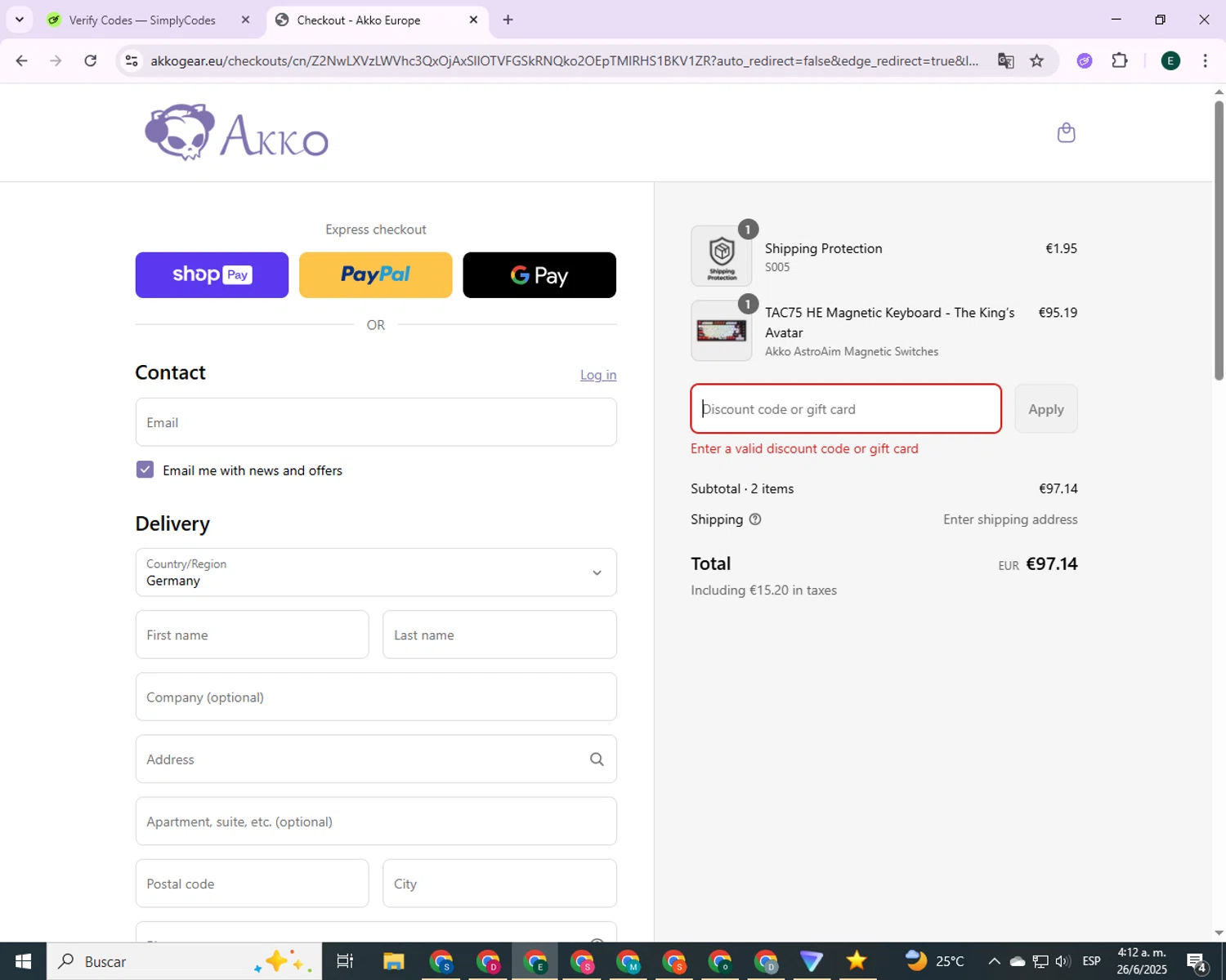 Calzedonia promo code screenshot showing code VALERIA15 applied at Calzedonia checkout page. Uploaded by SimplyCodes community member CodeVoyager5621 on Jun 26, 2025