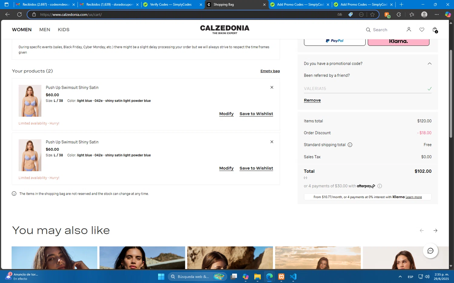 Calzedonia promo code screenshot showing code VALERIA15 applied at Calzedonia checkout page. Uploaded by SimplyCodes community member Mdeoca on Jun 29, 2025