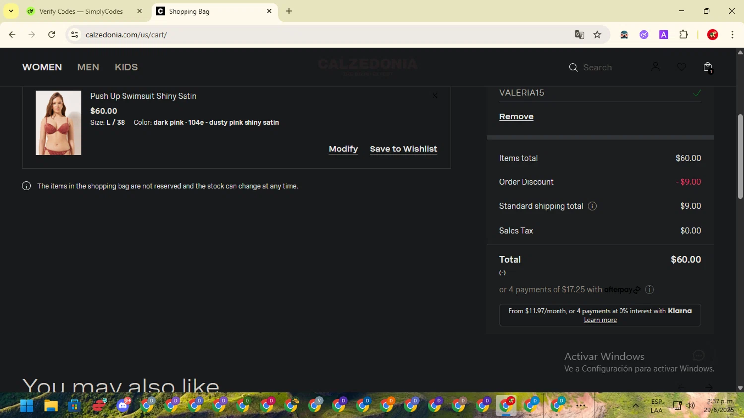 Calzedonia promo code screenshot showing code VALERIA15 applied at Calzedonia checkout page. Uploaded by SimplyCodes community member ShrewdCaptain2457 on Jun 29, 2025