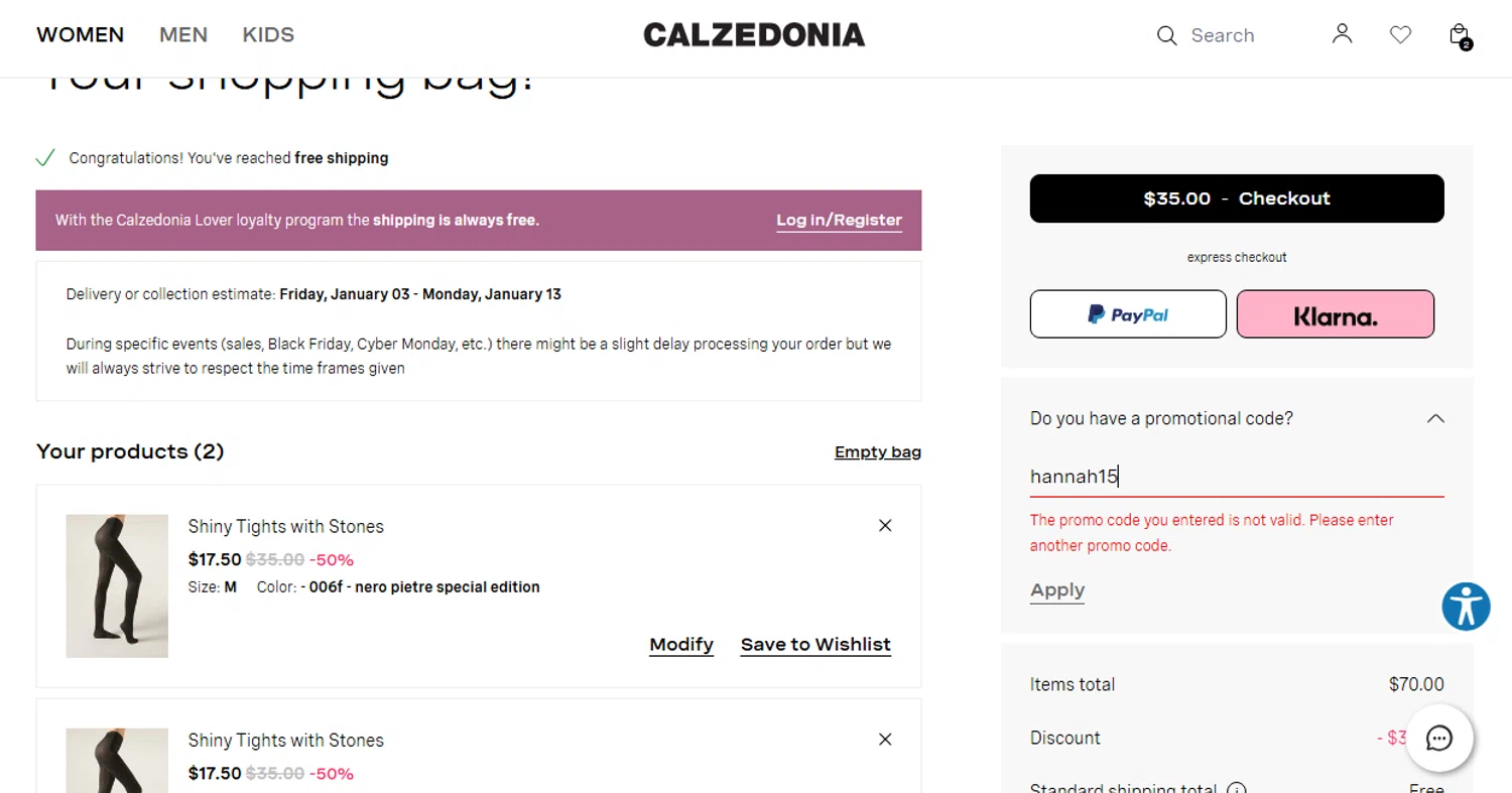 Calzedonia promo code screenshot showing code hannah15 applied at Calzedonia checkout page. Uploaded by SimplyCodes community member Camila on Jan 2, 2025
