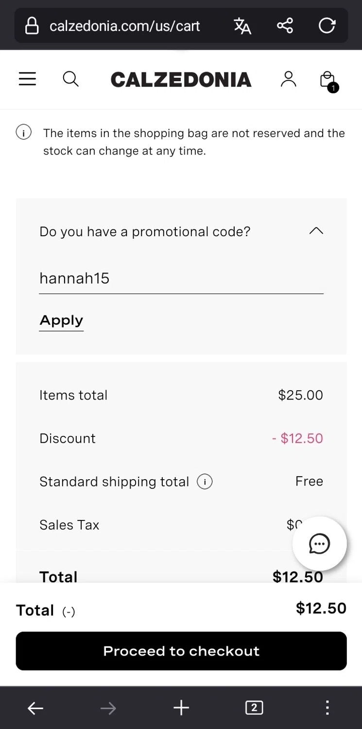 Calzedonia promo code screenshot showing code hannah15 applied at Calzedonia checkout page. Uploaded by SimplyCodes community member Sukuna_ on Jan 1, 2025