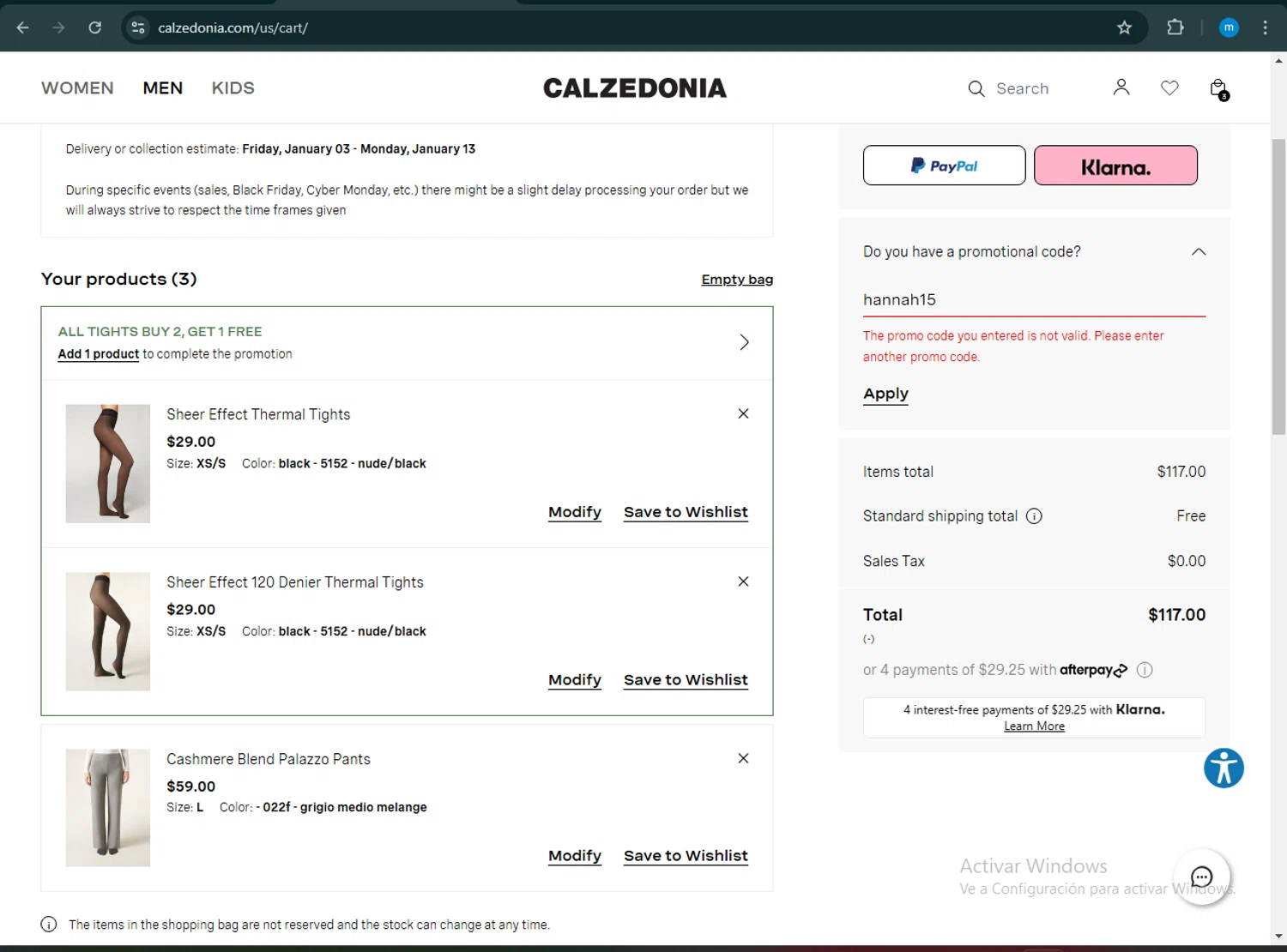 Calzedonia promo code screenshot showing code hannah15 applied at Calzedonia checkout page. Uploaded by SimplyCodes community member LuckyWarden9122 on Jan 2, 2025