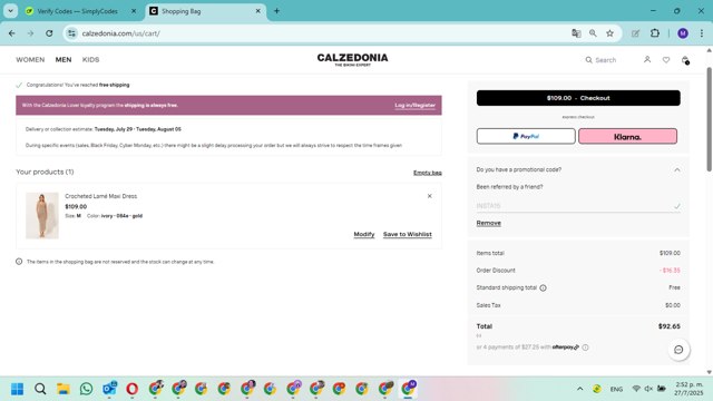 Calzedonia checkout page showing Calzedonia promo code box | Screenshot taken by SimplyCodes community member on Jul 27, 2025