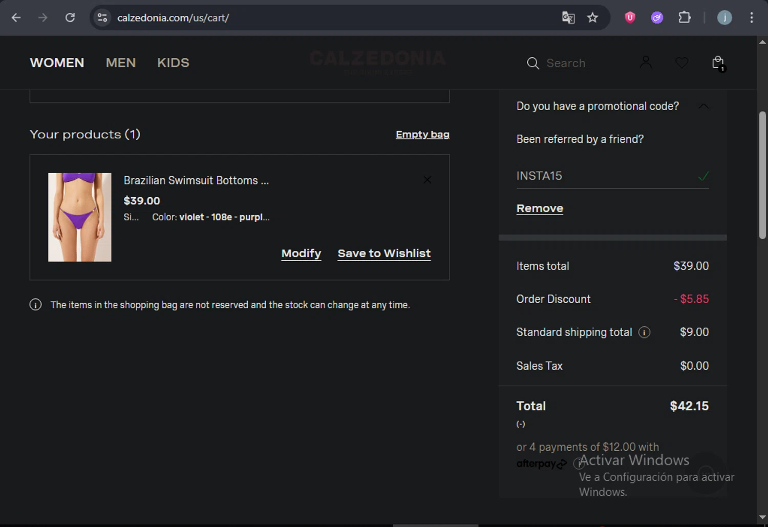Calzedonia promo code screenshot showing code INSTA15 applied at Calzedonia checkout page. Uploaded by SimplyCodes community member SavingsCurator5849 on Jul 4, 2025