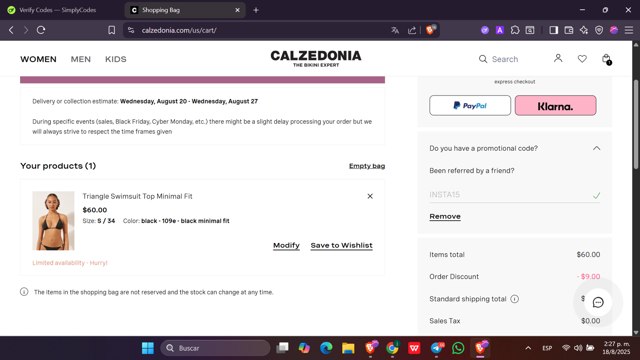 Calzedonia checkout page showing Calzedonia promo code box | Screenshot taken by SimplyCodes community member on Aug 18, 2025