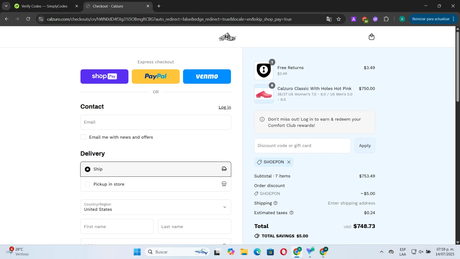 Calzuro coupon code screenshot showing code SHOEPON applied at Calzuro checkout page. Uploaded by SimplyCodes community member CouponSentinel181 on Jul 14, 2025