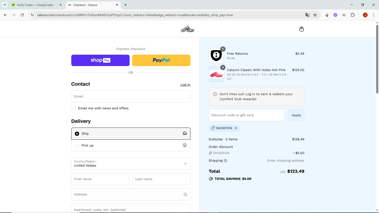 Calzuro coupon code screenshot showing code SHOEPON applied at Calzuro checkout page. Uploaded by SimplyCodes community member NobleMaven802 on Aug 9, 2025