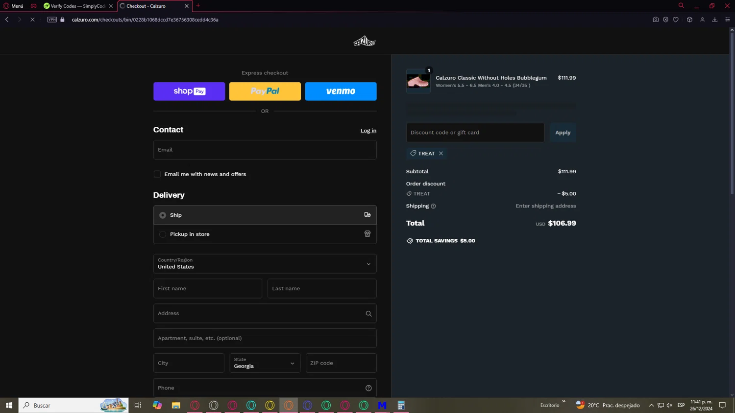 Calzuro coupon code screenshot showing code TREAT applied at Calzuro checkout page. Uploaded by SimplyCodes community member SaleCurator1460 on Dec 27, 2024