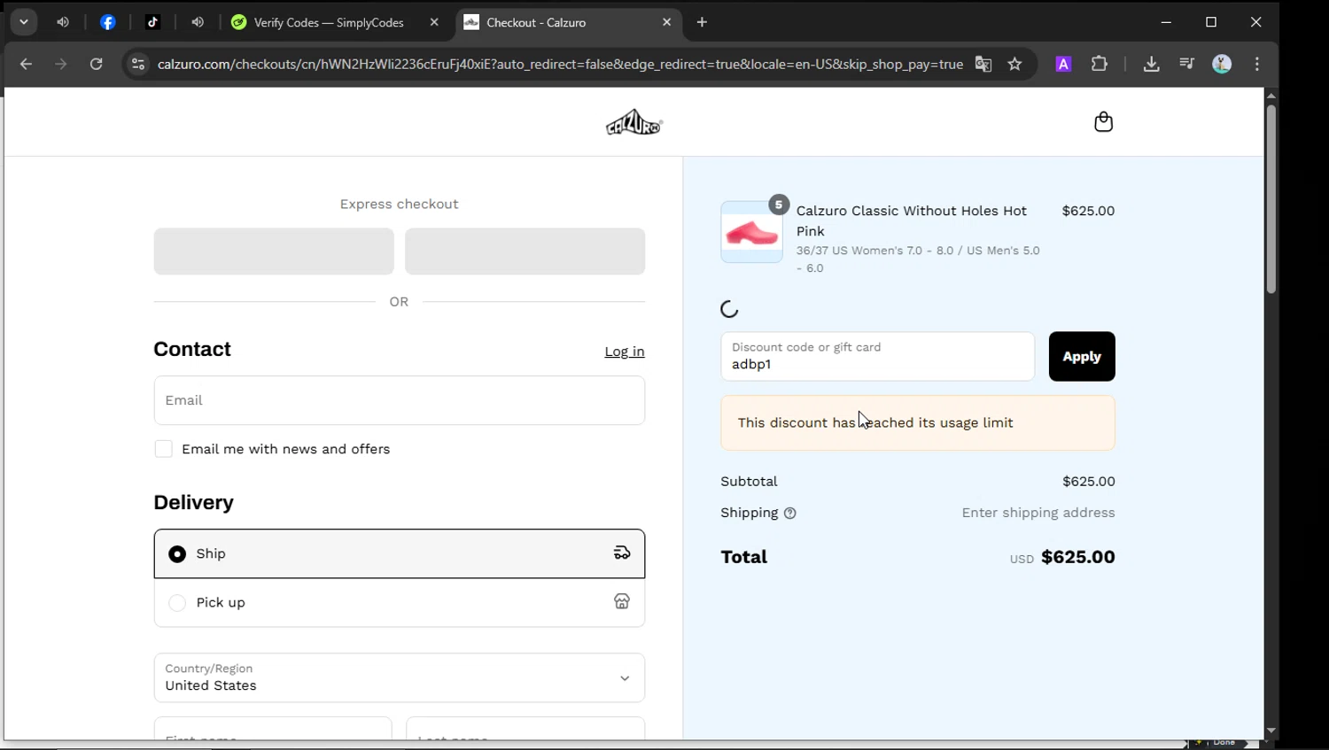 Calzuro coupon code screenshot showing code adbp1 applied at Calzuro checkout page. Uploaded by SimplyCodes community member SilverSeeker255 on Aug 27, 2025