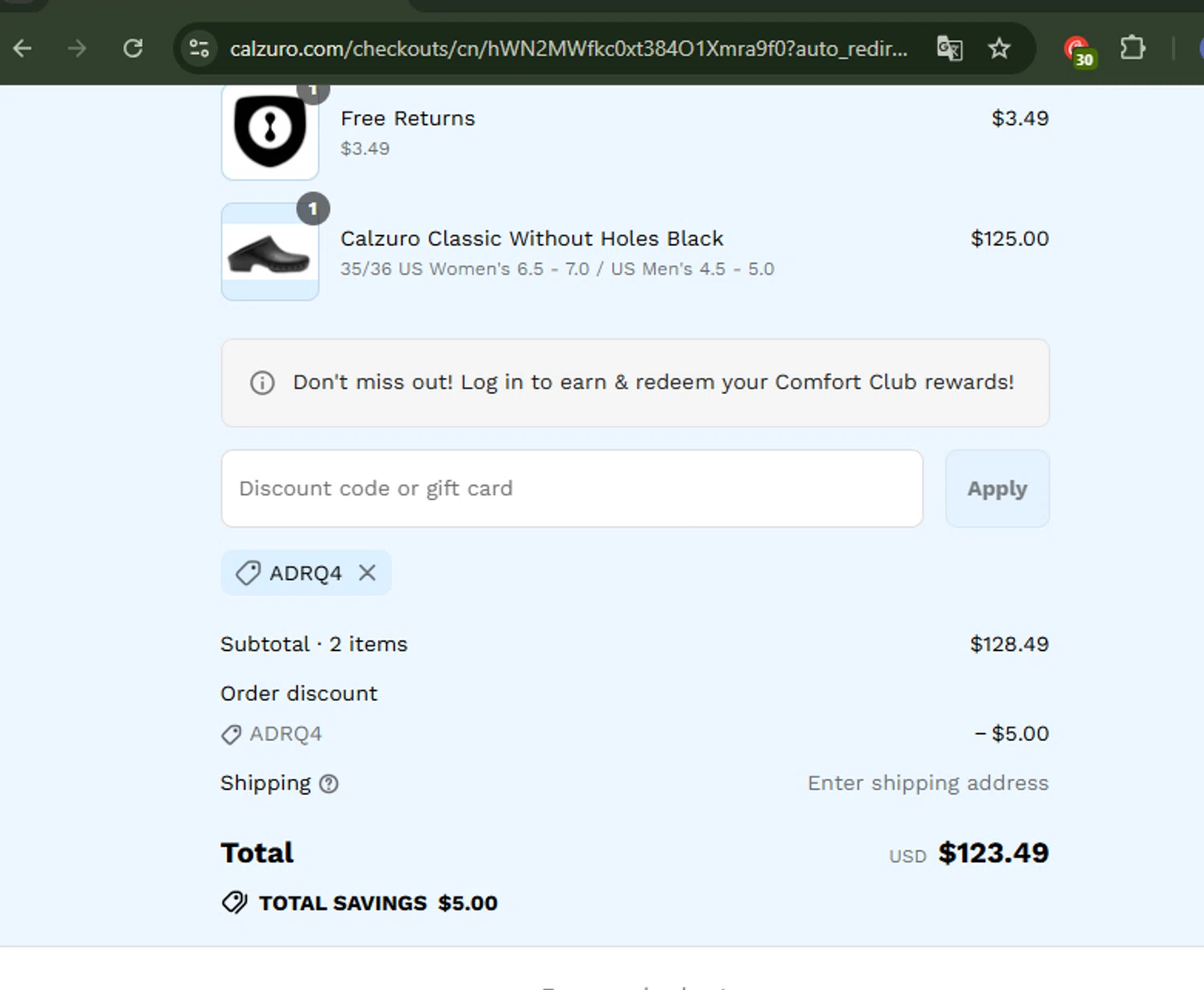 Calzuro coupon code screenshot showing code ADRQ4 applied at Calzuro checkout page. Uploaded by SimplyCodes community member CoinWhiz5156 on Aug 29, 2025